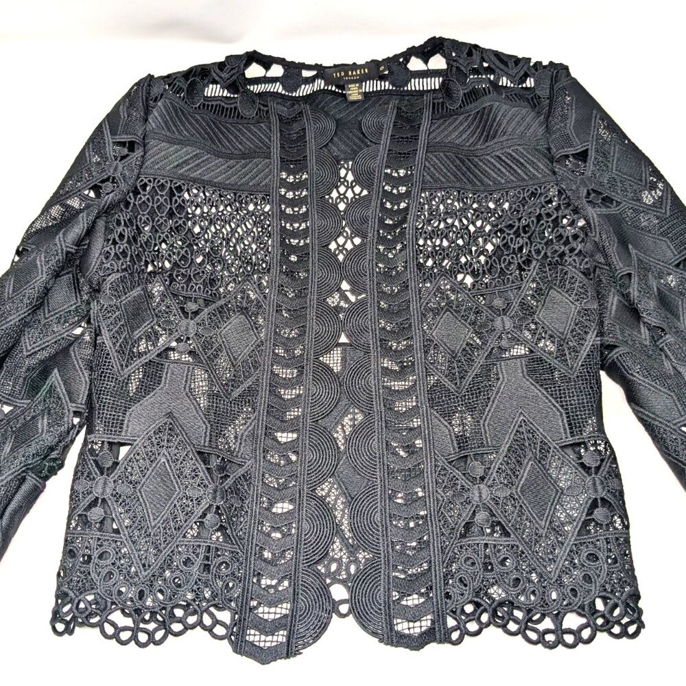 SOLDTed Baker London Black Lace Jacket Blazer Size 0 Open Sheer Dalmy Cropped - Picture 7 of 16